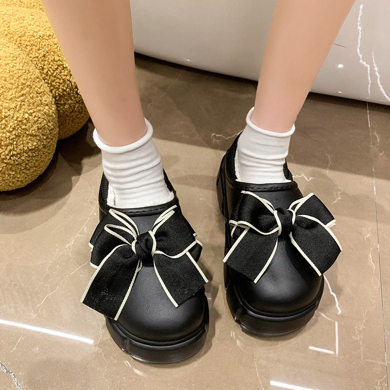 Zapatillas de algodón con lazo, cálidas, con terciopelo, impermeables, para el hogar, plataforma interior, zapatos de algodón