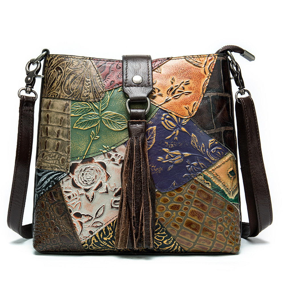 Cowhide Square Tassel Color Matching Bag Single Shoulder Diagonal Bag