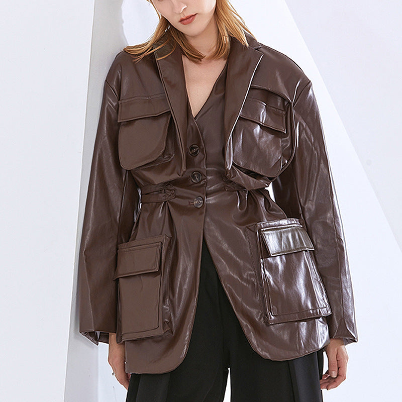 GALCAUR Brown Blazers For Women Notched Collar Long Sleeve Patchwork Pockets Lace Up High Street Coats Female Fall Clothing