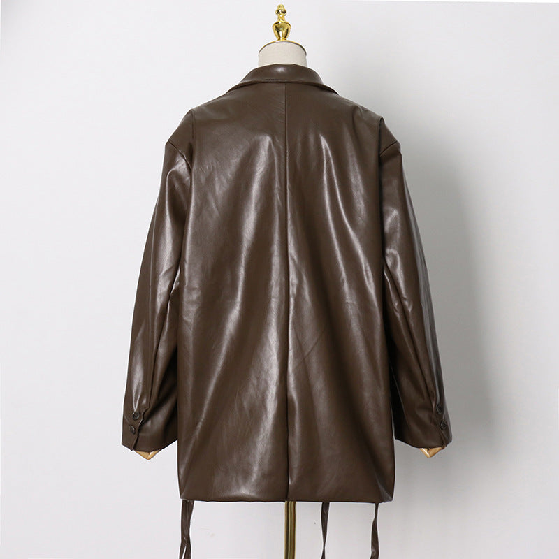 GALCAUR Brown Blazers For Women Notched Collar Long Sleeve Patchwork Pockets Lace Up High Street Coats Female Fall Clothing