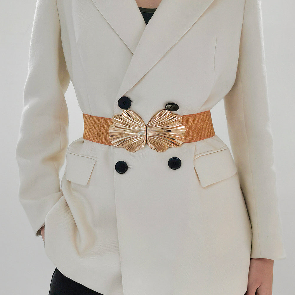 New Elasticated Belt With Pearlescent Fine Shine Elastic Metal Shell Buttonhead Fashion Street Photo Waist Accessories