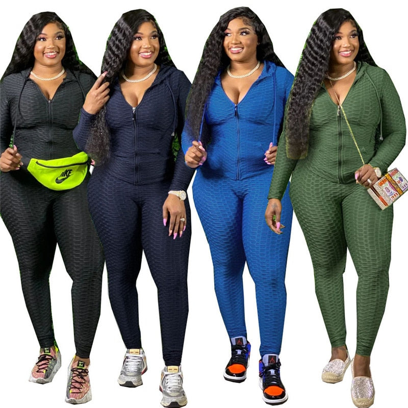 Solid Color Women Plus Size Two Piece Set Sport Suit