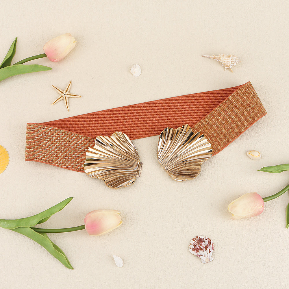 New Elasticated Belt With Pearlescent Fine Shine Elastic Metal Shell Buttonhead Fashion Street Photo Waist Accessories