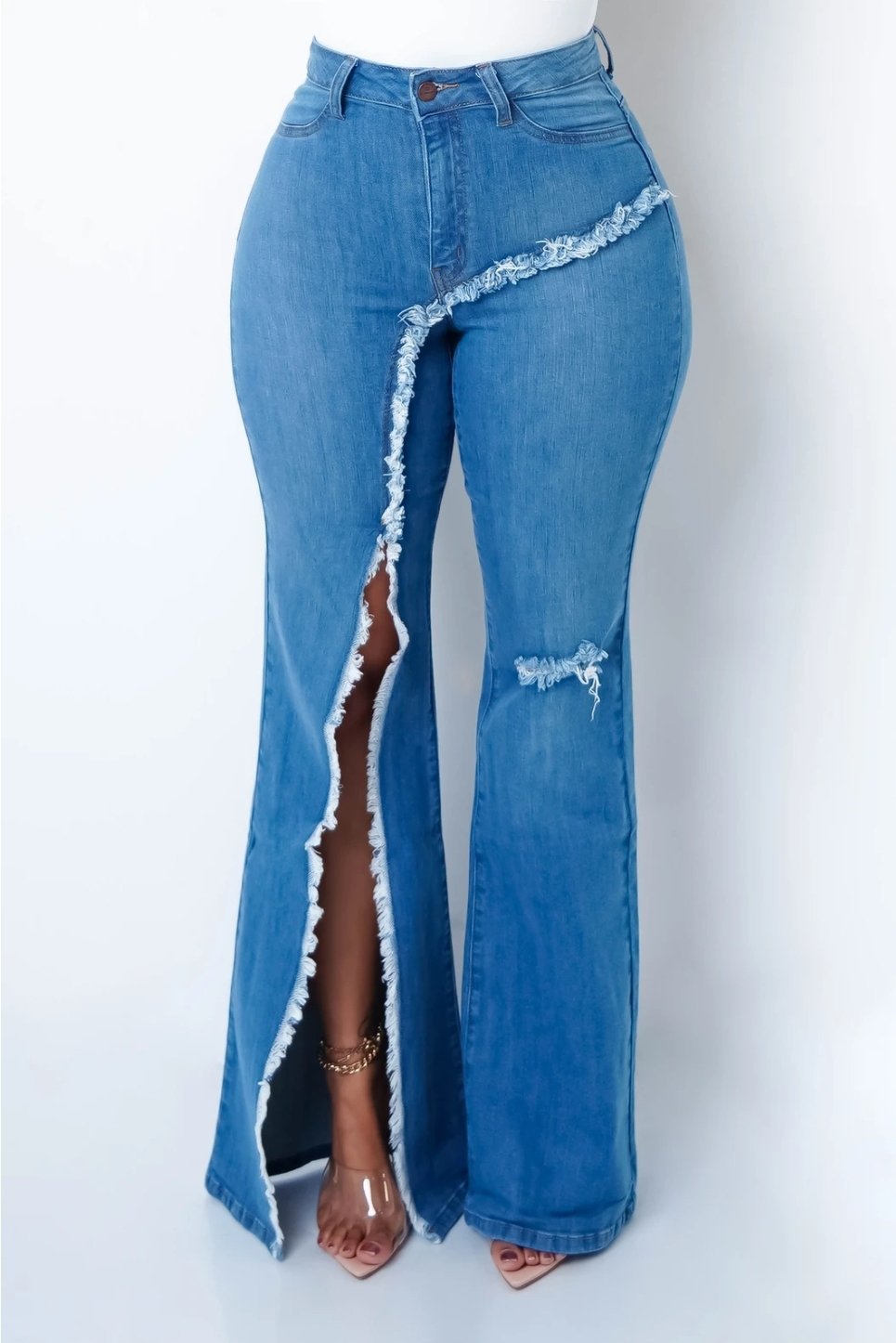 Nuevo estilo elástico rasgado pantalones acampanados jeans mujeres