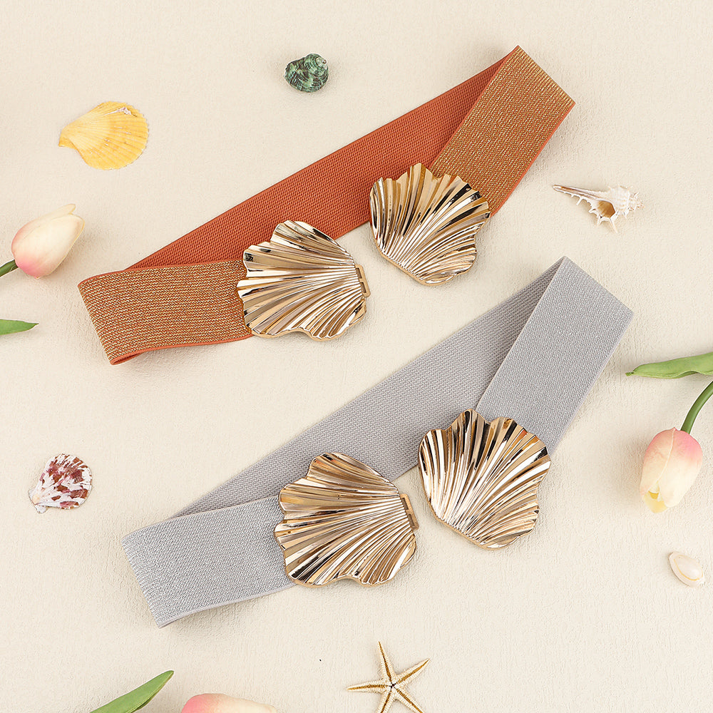 New Elasticated Belt With Pearlescent Fine Shine Elastic Metal Shell Buttonhead Fashion Street Photo Waist Accessories