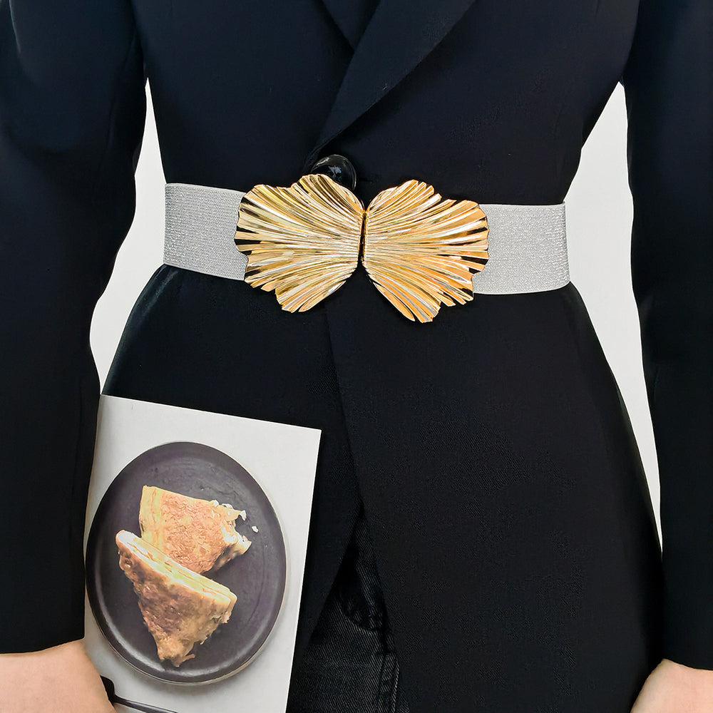 New Elasticated Belt With Pearlescent Fine Shine Elastic Metal Shell Buttonhead Fashion Street Photo Waist Accessories
