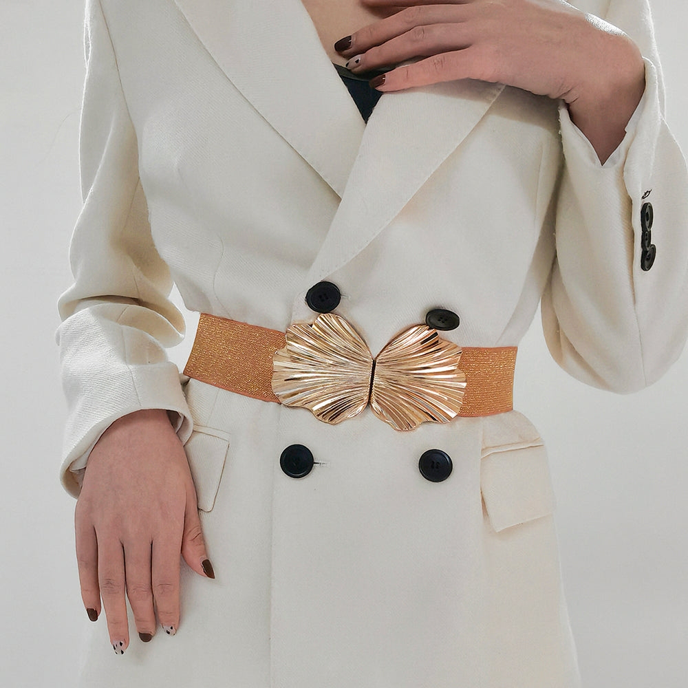 New Elasticated Belt With Pearlescent Fine Shine Elastic Metal Shell Buttonhead Fashion Street Photo Waist Accessories