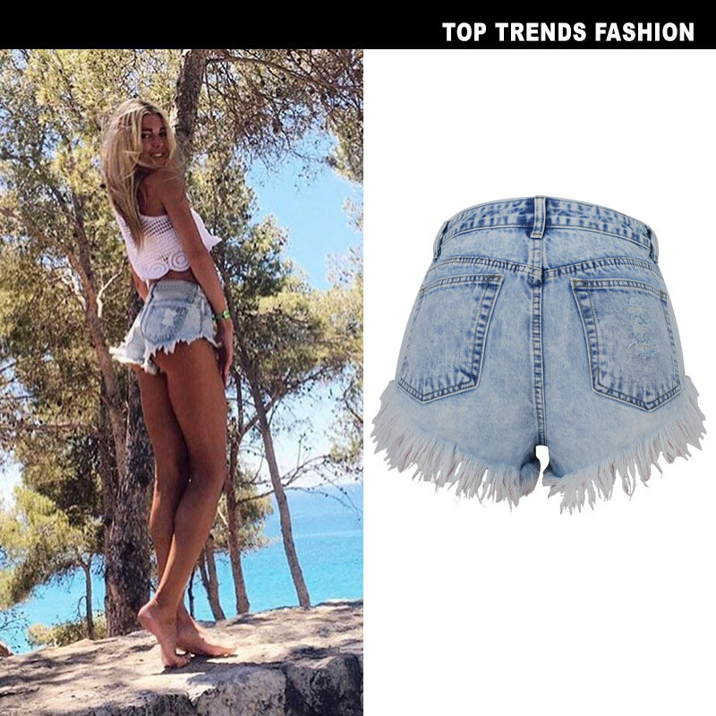 High Waist Breasted Worn Washed Snowflake Ladies Denim Shorts Beach Hot Pants