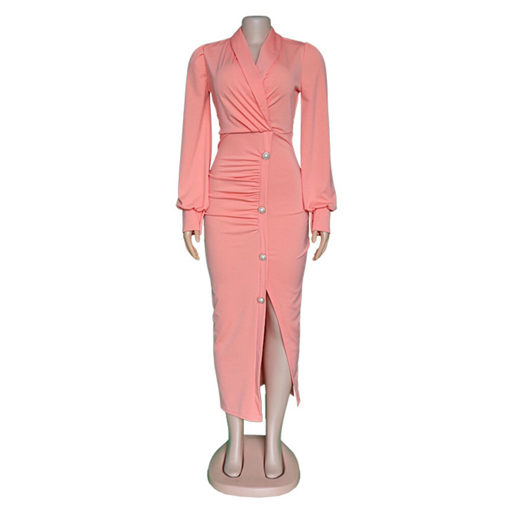 African Cute Woman Pink Long-Sleeved Dress Office Dresses