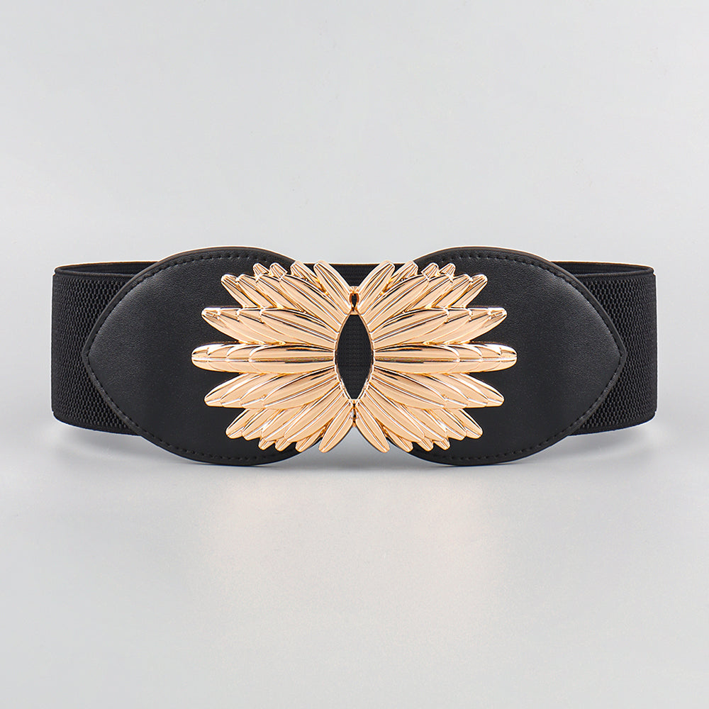 Nuevo otoño invierno negro cintura elástica girasol aleación hebilla cintura cubierta todo fósforo delgado diseño elegante abrigo decorativo