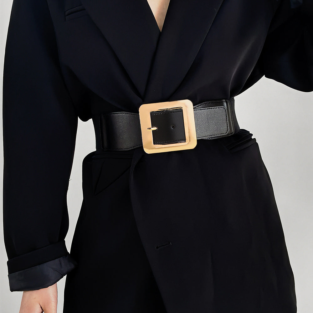 Cinturón elástico con hebilla cuadrada de Metal Retro para mujer, hebilla de aguja negra Simple, cinturón para personas mayores con sello de cintura ancha