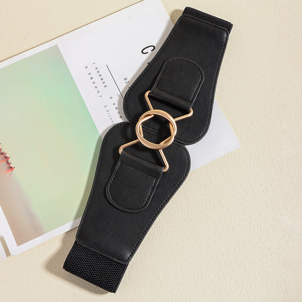 Nuevo Retro mujer elástico cintura ancha sello geométrico entrelazado hebilla 100 partido falda abrigo Simple cinturón negro