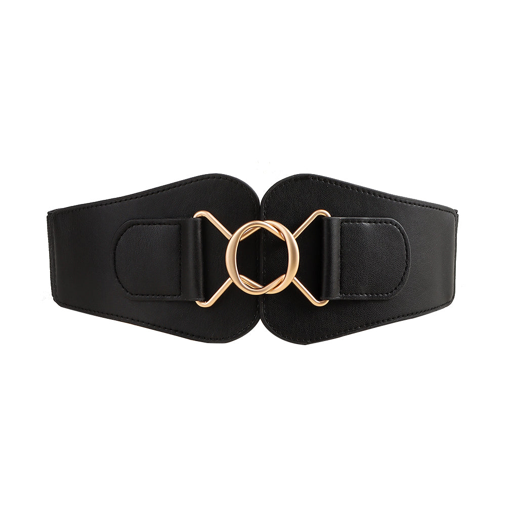 Nuevo Retro mujer elástico cintura ancha sello geométrico entrelazado hebilla 100 partido falda abrigo Simple cinturón negro