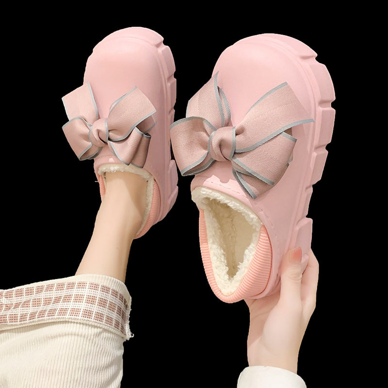 Zapatillas de algodón con lazo, cálidas, con terciopelo, impermeables, para el hogar, plataforma interior, zapatos de algodón