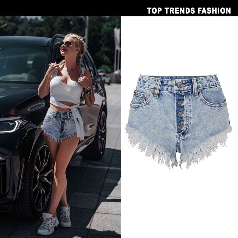 High Waist Breasted Worn Washed Snowflake Ladies Denim Shorts Beach Hot Pants
