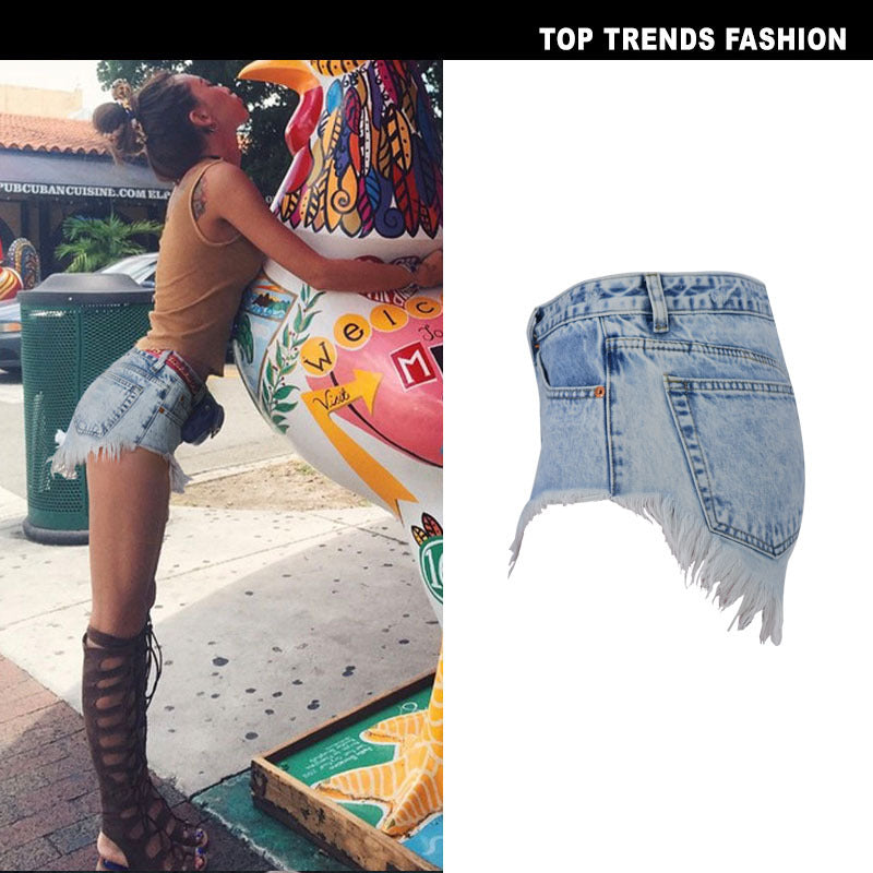High Waist Breasted Worn Washed Snowflake Ladies Denim Shorts Beach Hot Pants