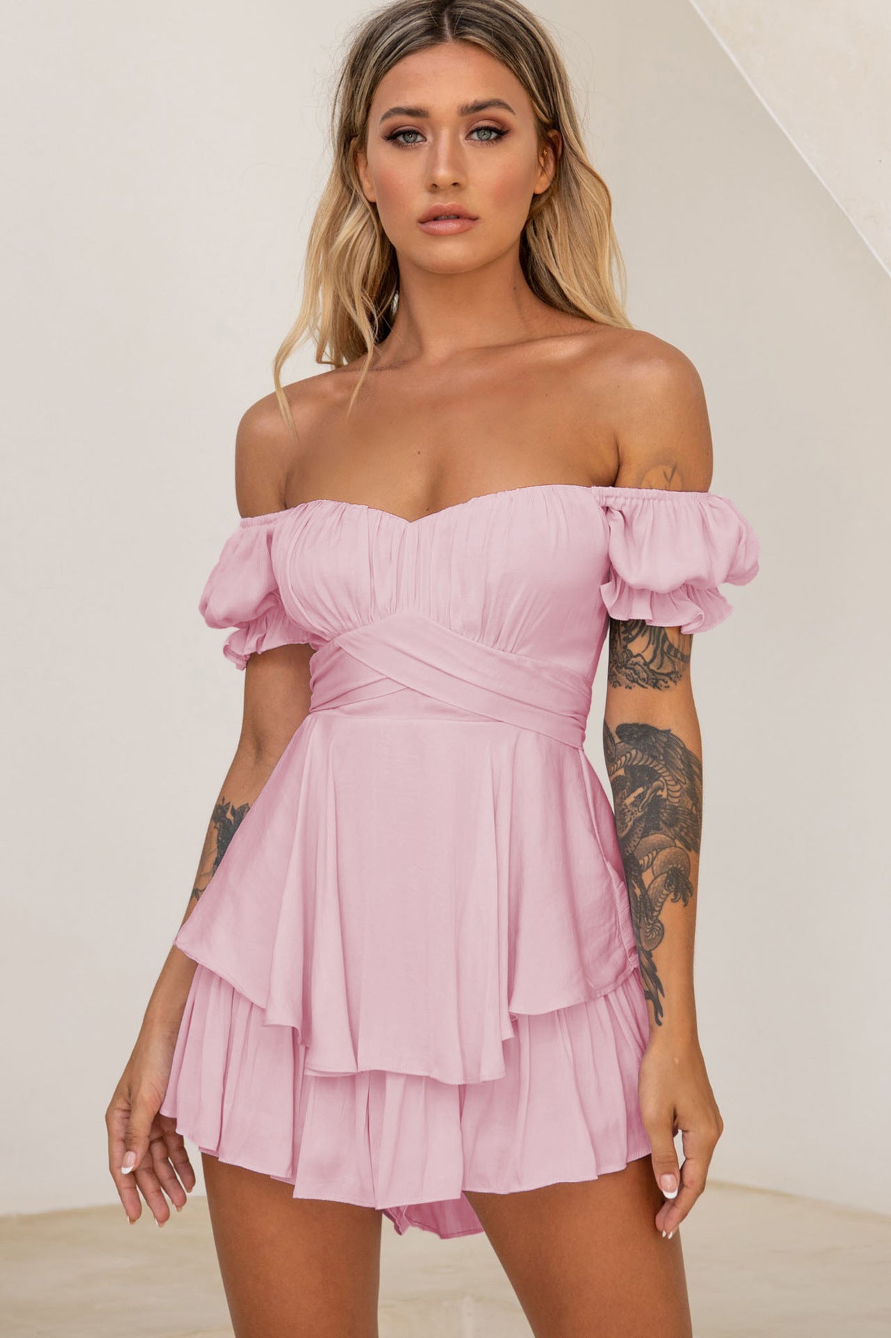 Jumpsuit Solid Color Off-neck Lantern Ruffle Sleeve Casual Women's Clothing