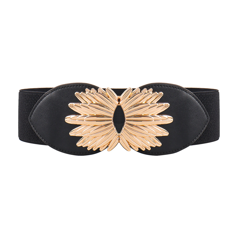 Nuevo otoño invierno negro cintura elástica girasol aleación hebilla cintura cubierta todo fósforo delgado diseño elegante abrigo decorativo