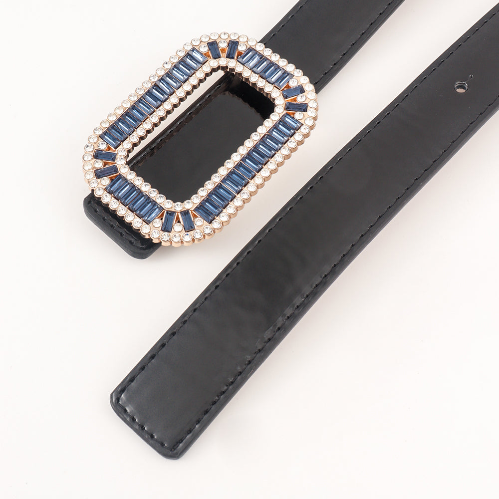 Niche Design Sense Ladies Blue Rectangular Rhinestone Buttonhole Belt Fashionable Elegant Atmosphere Belt Go With Pants Dress Coat Coat