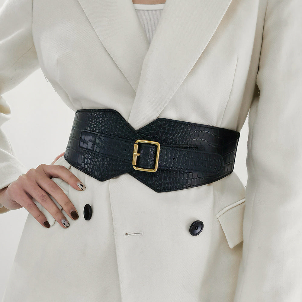 New Fall And Winter Women's Needle Buckle Belt Alligator Texture Wide Belt Full Suit Jacket Waist Reduction Accessories