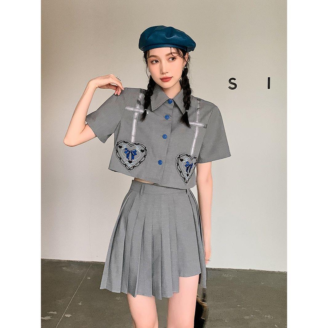 Soft Girl Short-sleeved Lapel Top And High-waist Pleated Skirt