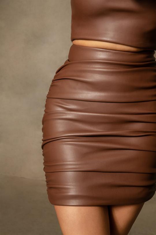 Sexy Fashion PU Leather Sling Strapless Short Skirt Two Piece Suit