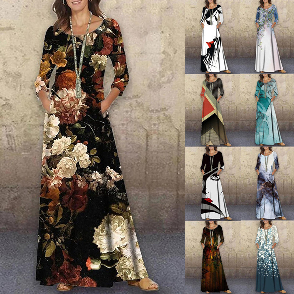 Round Neck Knit Long Sleeve Long Dress Floral