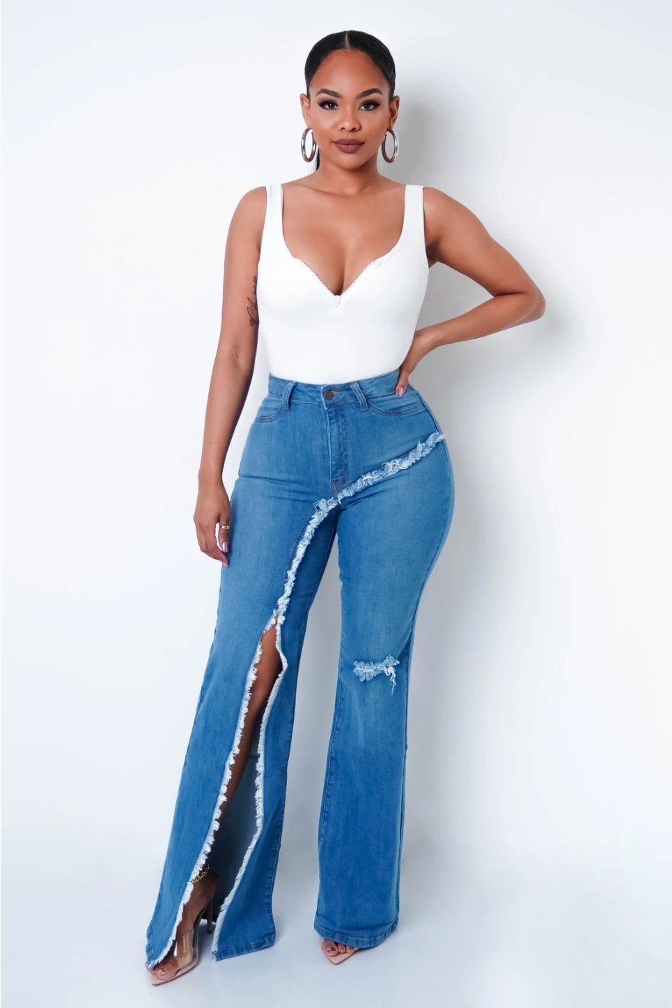 New style elastic ripped flared pants jeans women