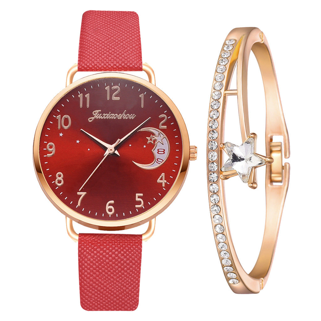 Women's Pu Strap Moon Pattern Quartz Watch Set