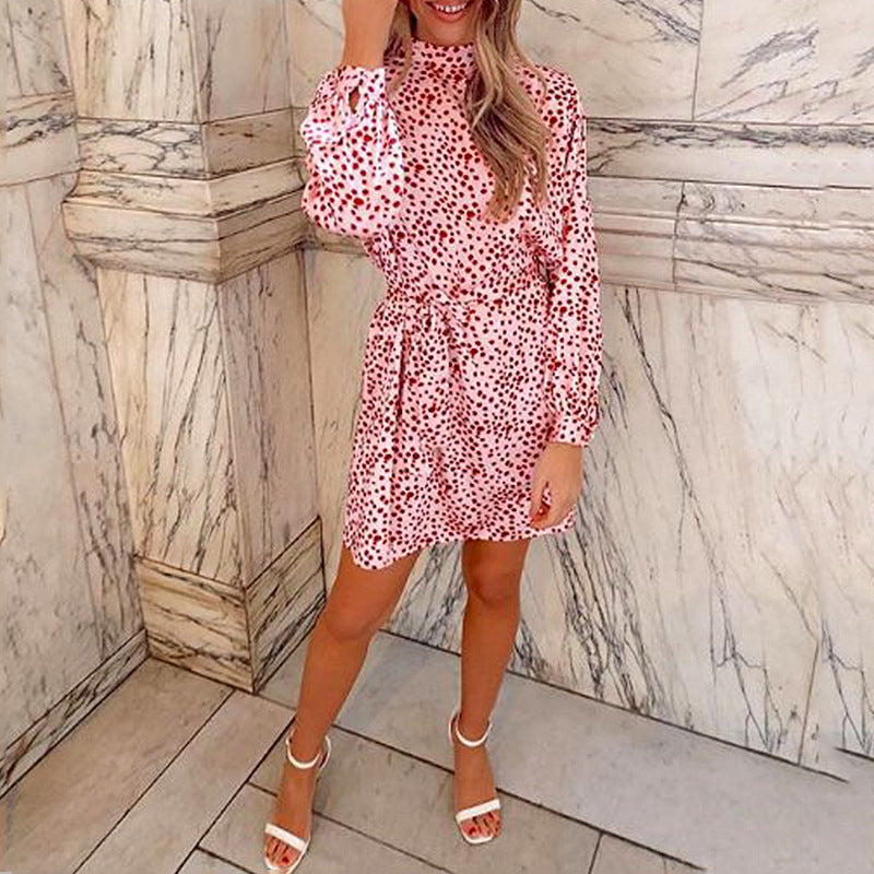 Printed Long Sleeve Turtleneck Loose Lace-Up Dress