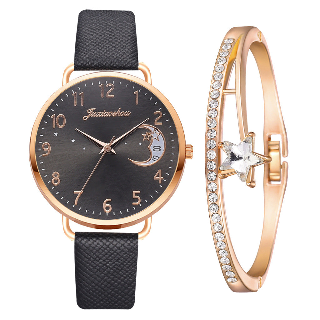 Women's Pu Strap Moon Pattern Quartz Watch Set