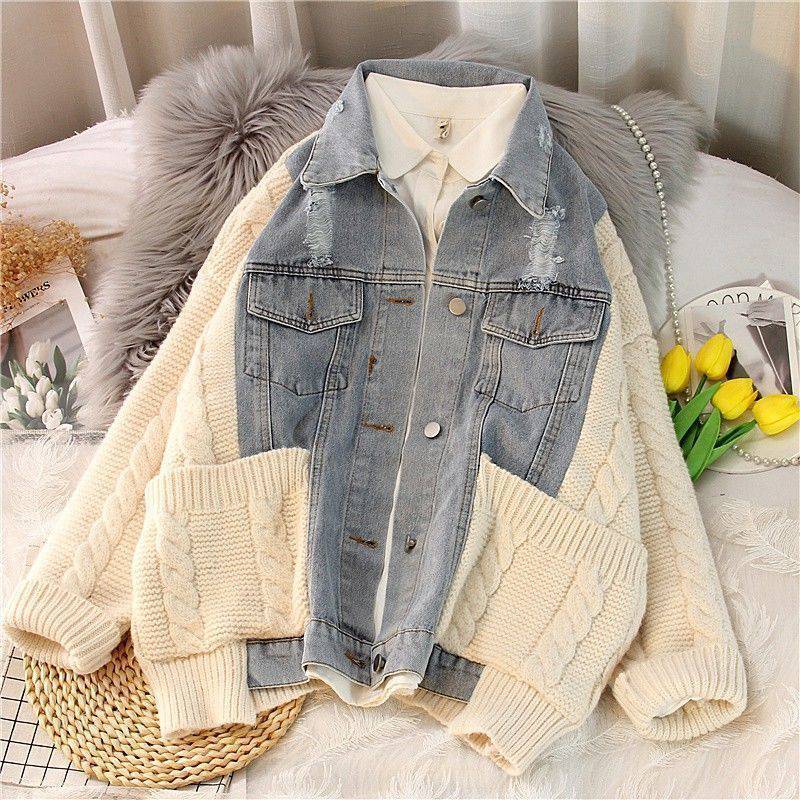 Large Size Women's Loose Denim Jacket Thickened Sweater Knitted Cardigan