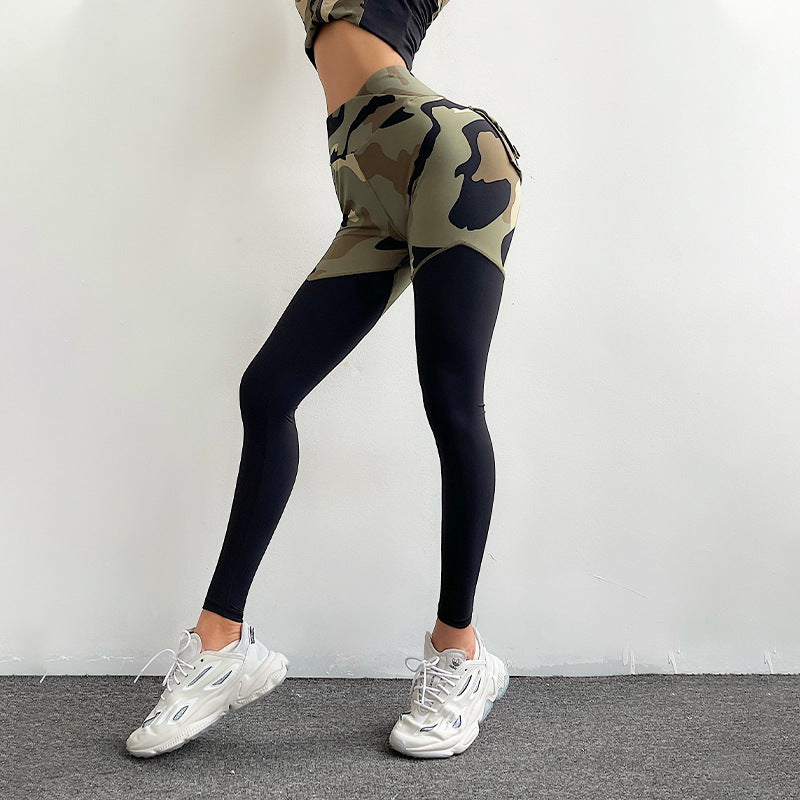 Workwear Style Camouflage Stitching Fitness Pants Women's Hip Lift High Waist Tight