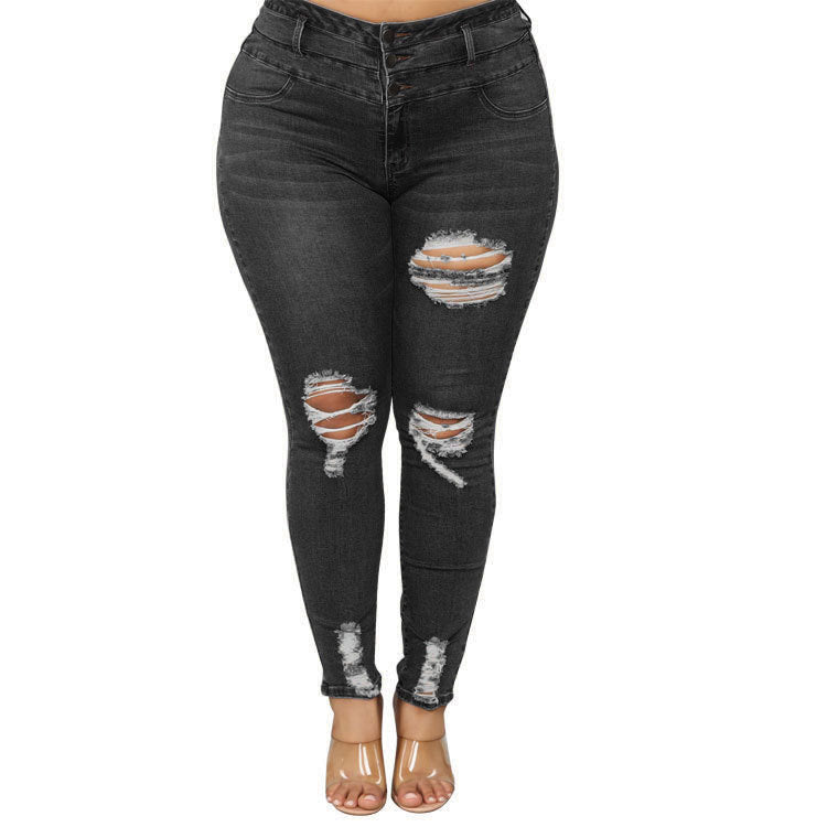 High Waist Ripped Large Size Jeans