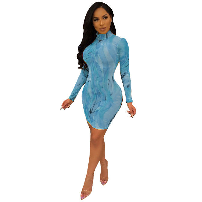 Women's Digital Printed Mesh Sheer Long Sleeve Dress