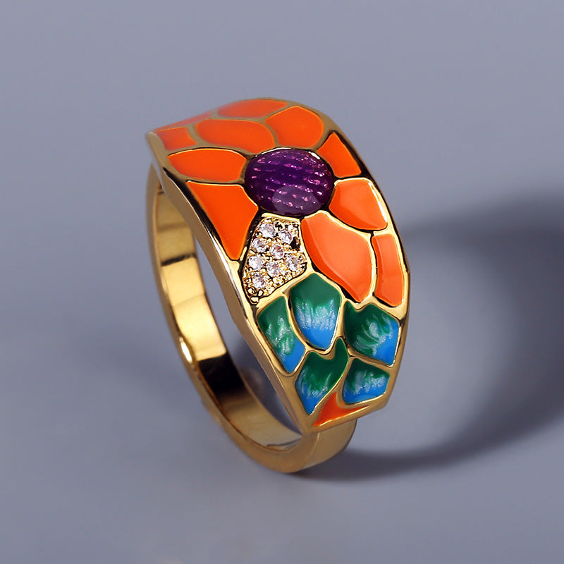 Creative Flower Enamel Epoxy Silver Diamond Ring For Women