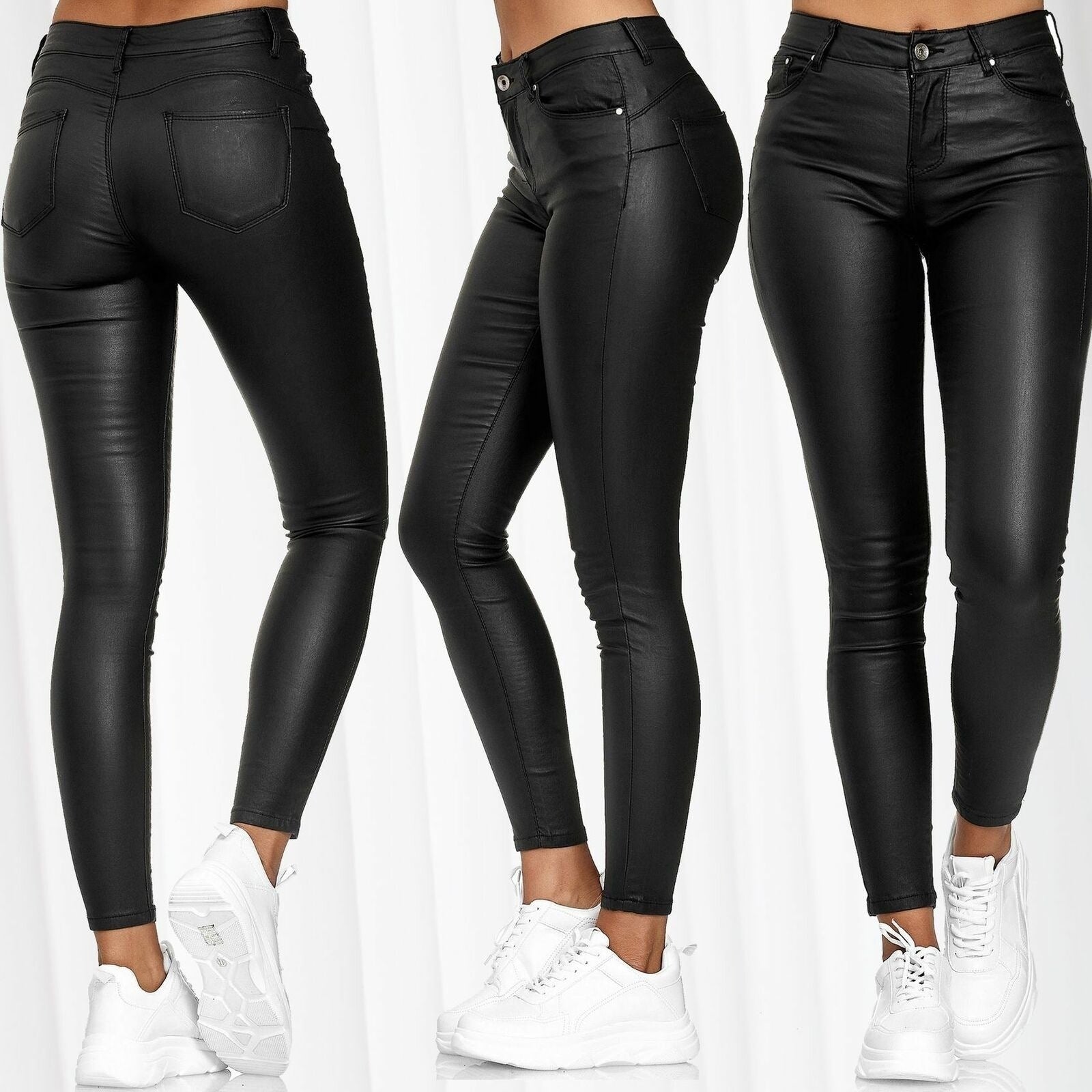 Women's solid color leather casual pants foot pants