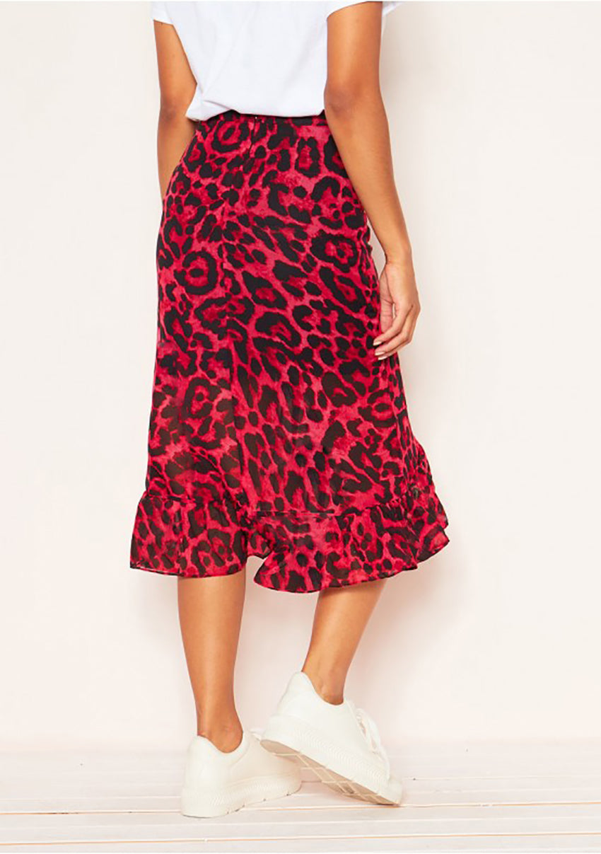 Mid-length red leopard chiffon skirt