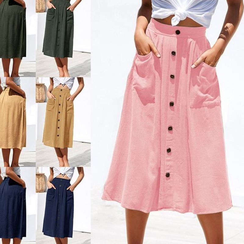 Single Breasted Buttons Midi Skirt Pocket