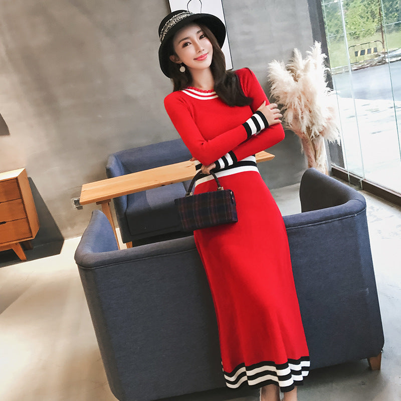 Big red long-sleeved long knit dress women