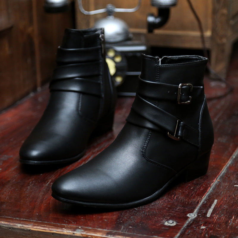 High-Top Leather Pointed-Toe Internal Heightened Boots