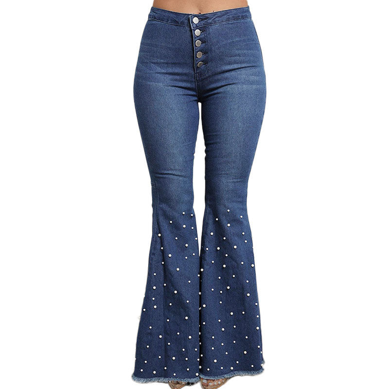 Beaded flared jeans with rough edges