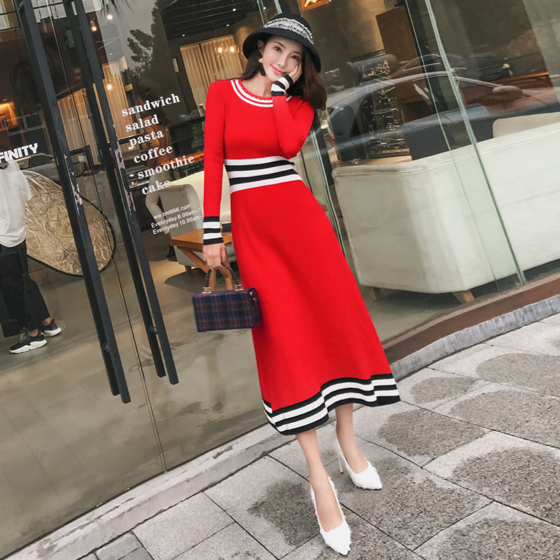 Big red long-sleeved long knit dress women