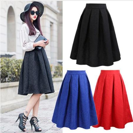 Winter Black Red Jacquard Pleated Ball Gown Skater Ladies Midi Skirts