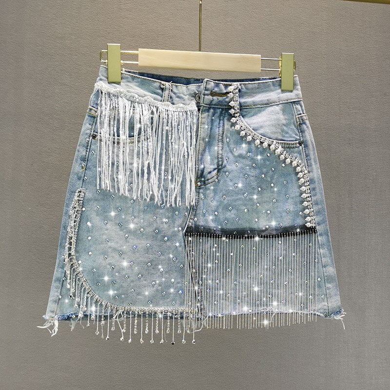 Denim High Waist Heavy Industry Rhinestone Fringed A-Line Skirt