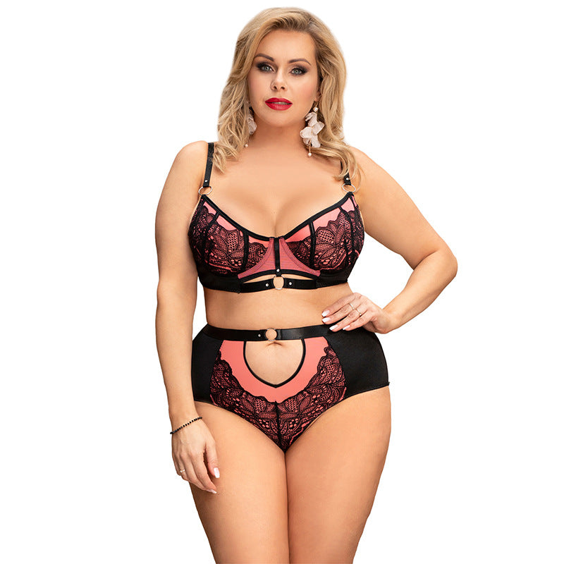 Plus Size Three Point High Waist See-through Underwear Set