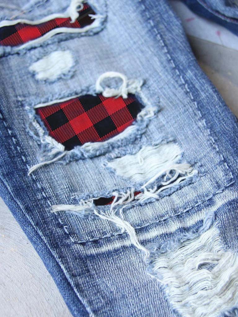 Ladies Ripped Plaid Ladies Jeans Trousers