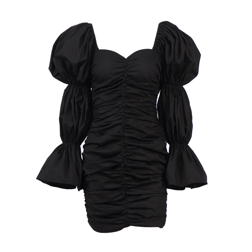 Black Puff Sleeve Chic Pencil Dress Woman Pleated Square Collar Sexy Short Dresses Elegant Party Slim Polyester Robe