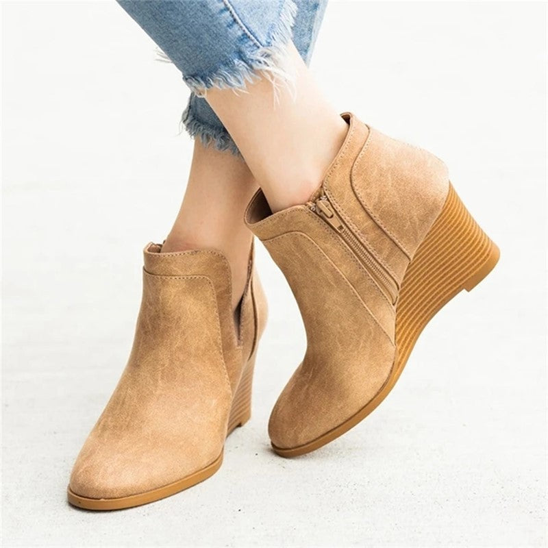 Wedge Heel Retro Roman Side Zipper Ladies Single Shoes