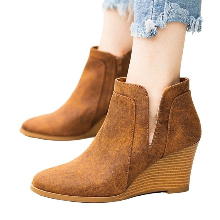 Wedge Heel Retro Roman Side Zipper Ladies Single Shoes